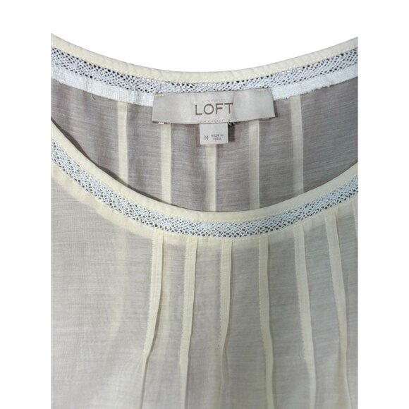 NEW LOFT Womens M Blouse Silk White Lace Trim Embroidered Flutter Sleeve Top - Picture 6 of 10